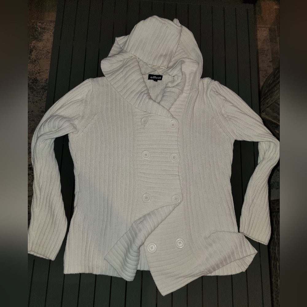 Women's White Hooded Cardigan Button Up Sweater Size Medium By Effeci